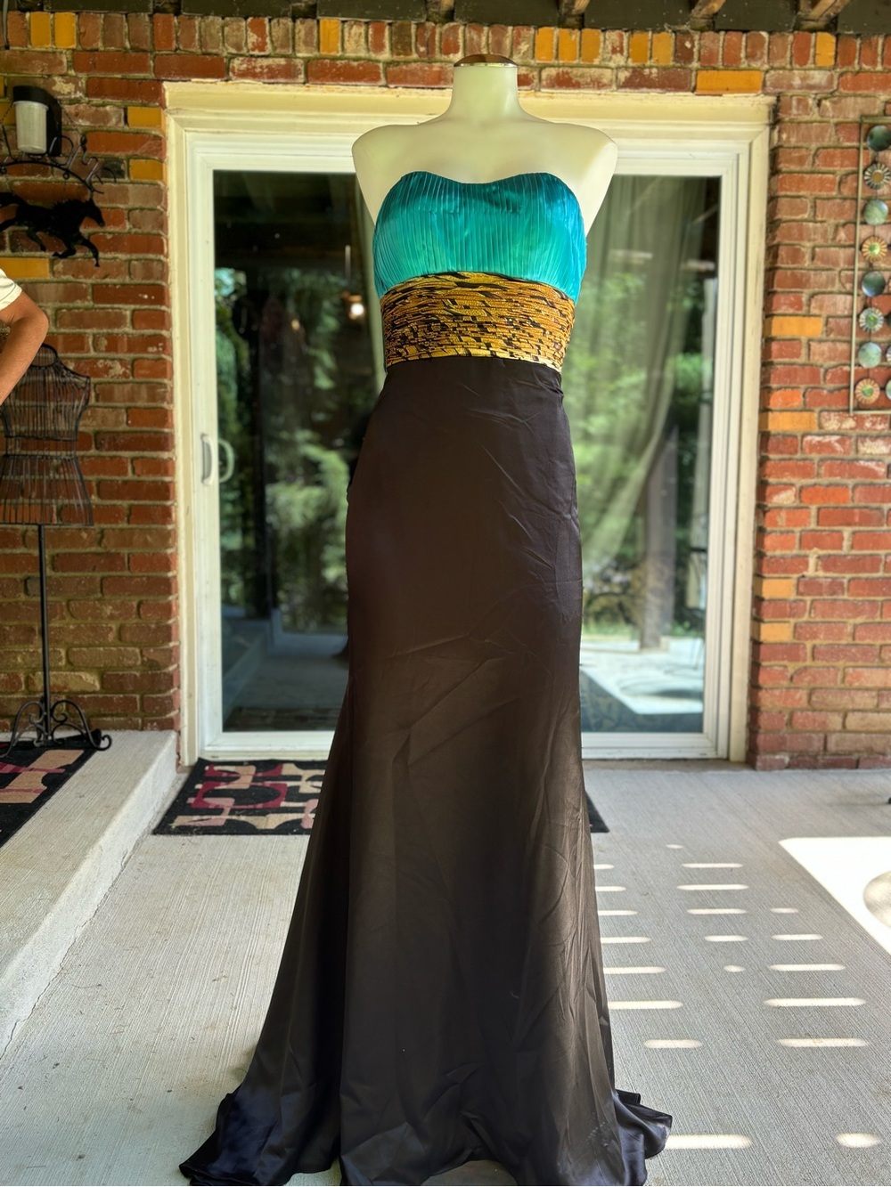 Strapless Turquoise & Black Evening Dress with Gold Accent